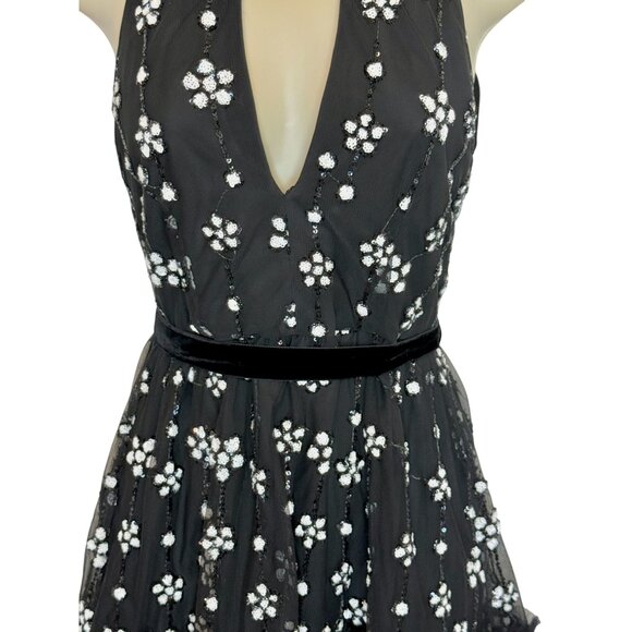 Alexis Poppy Sequin Halter Mini Dress Black Floral Embellished - Size XS - Picture 6 of 10